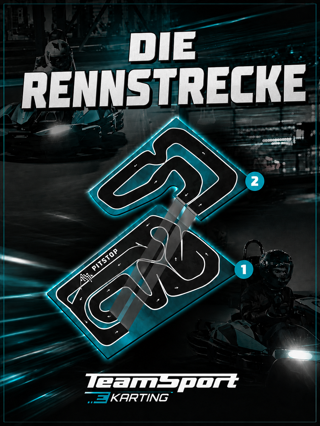 Streckenlayout von TeamSport E-Karting Osnabrück auf zwei Ebenen