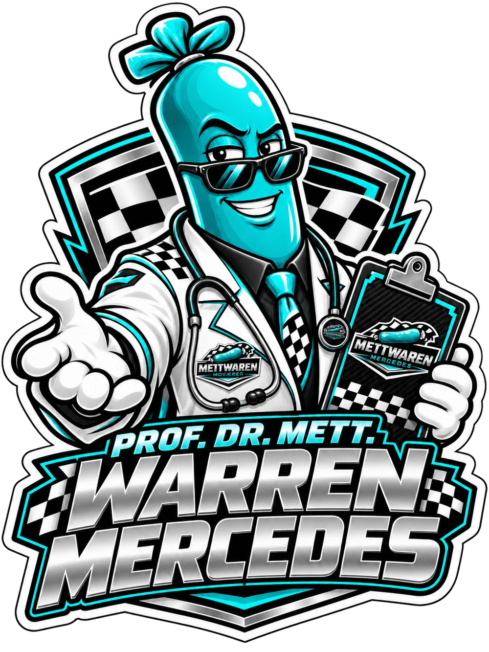 Herr Prof. Dr. Mett. Warren Mercedes im Mettwaren-Mercedes-Arztkittel
